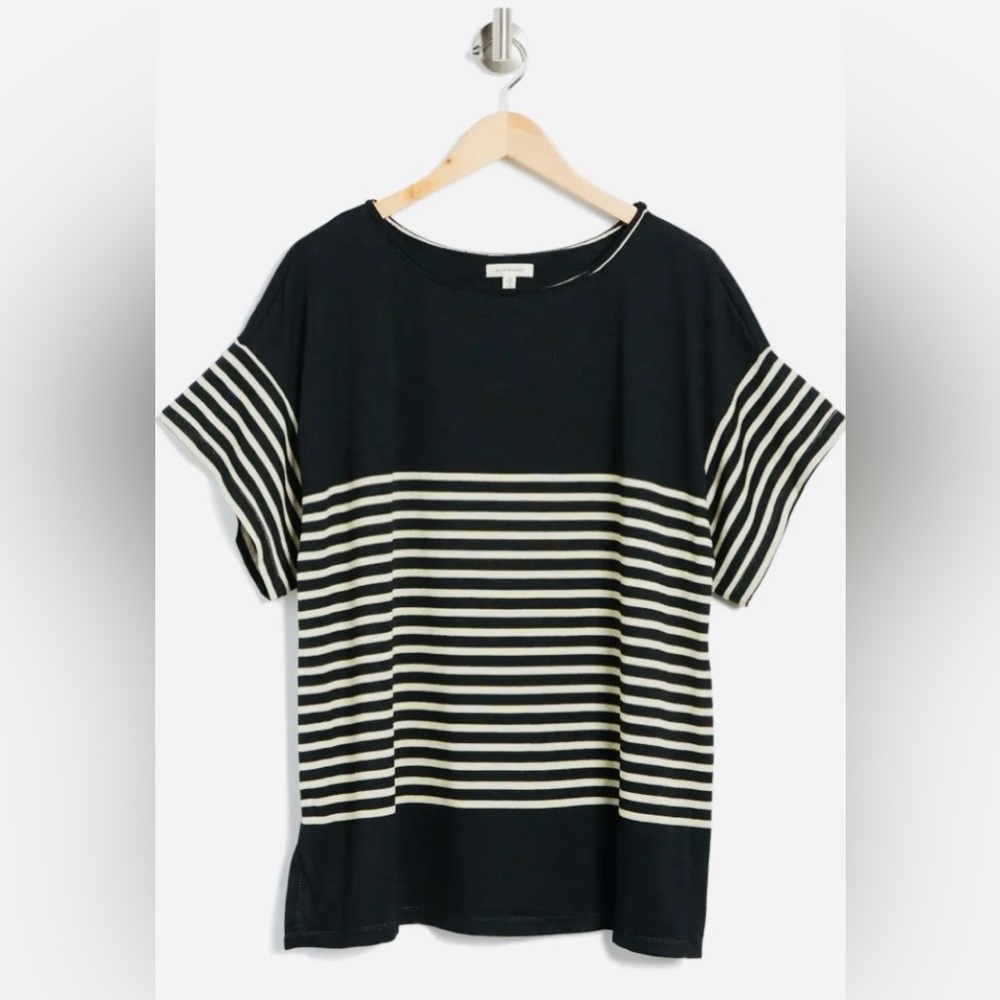MAX STUDIO Black and Cream Striped Short Sleeve Top, Size XL